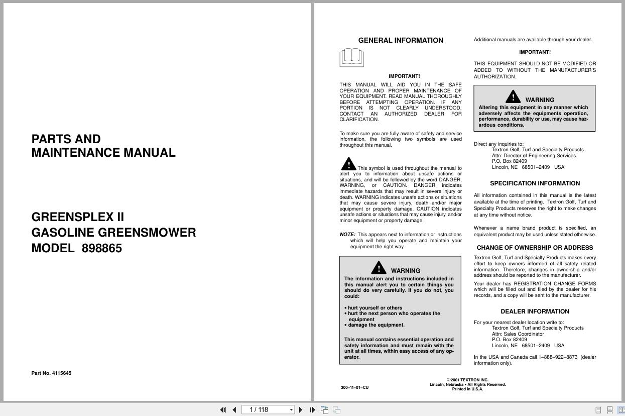 Jacobsen Gasoline Greens Mower G Plex II 898865 Parts Maintenance Manual 4115645 2001 (1)