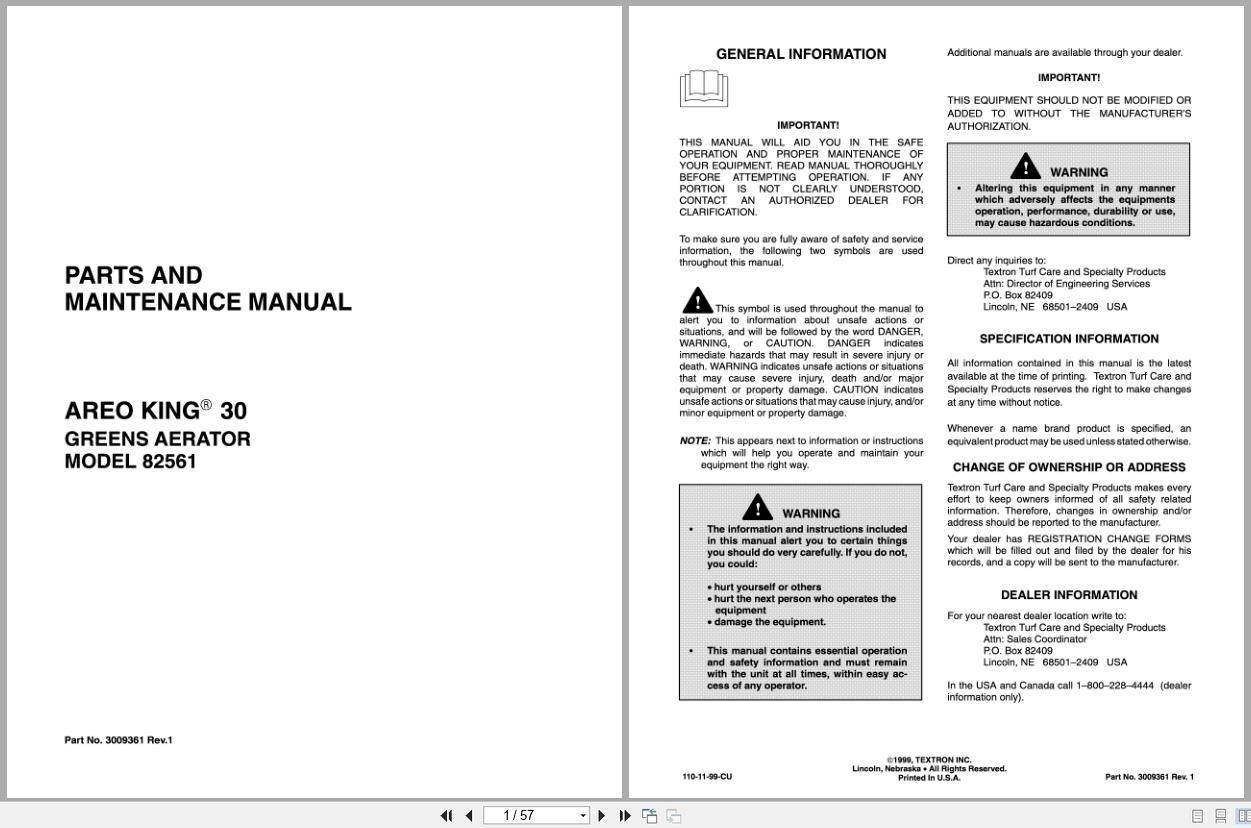 Jacobsen Greens Aerator Aero King 30 Parts Maintenance Manual 3009361 1999 (1)