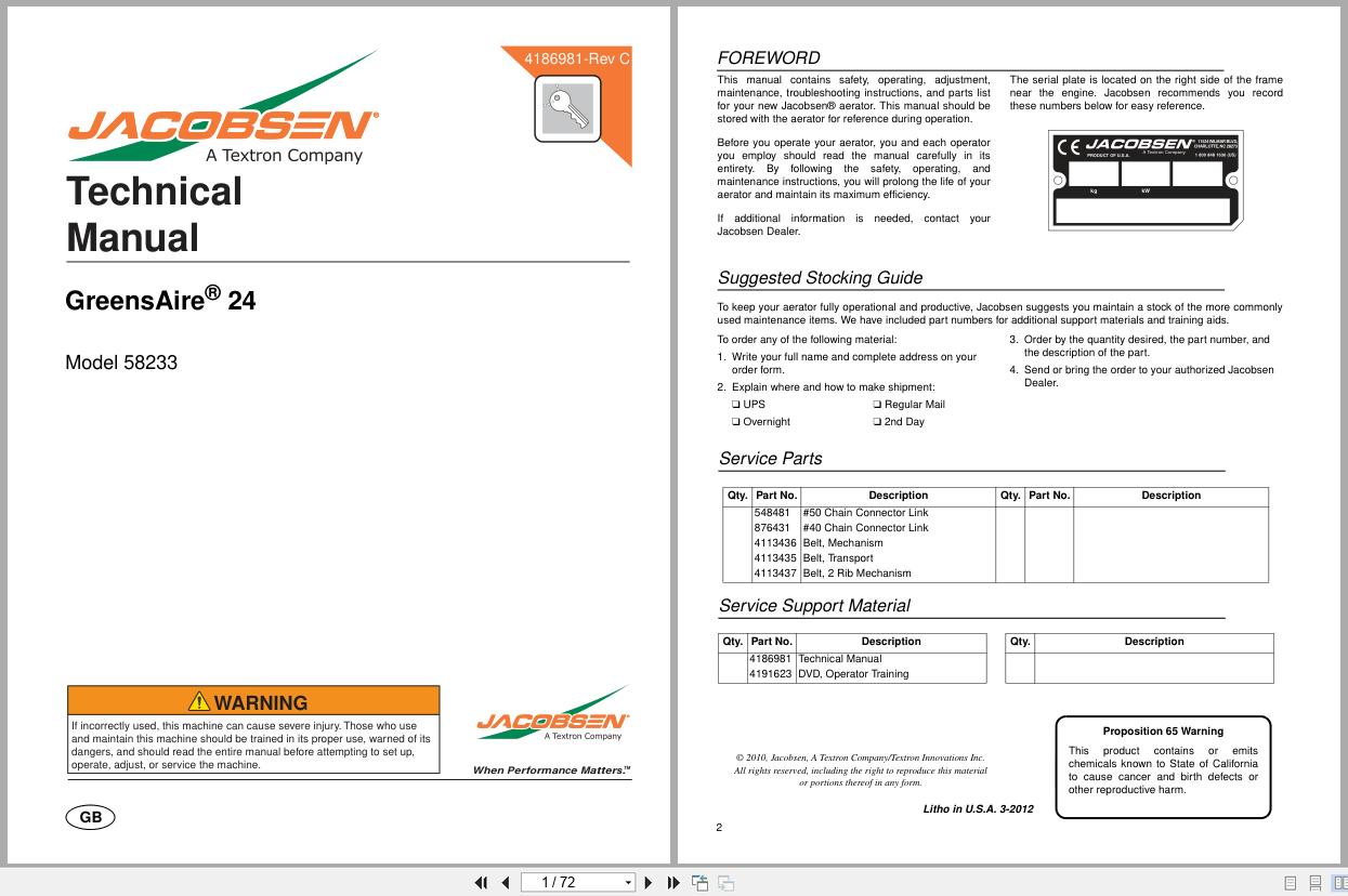 Jacobsen Greens Aerator GreensAire GA 24 58233 Technical Manual 4186981 C 2012 (1)