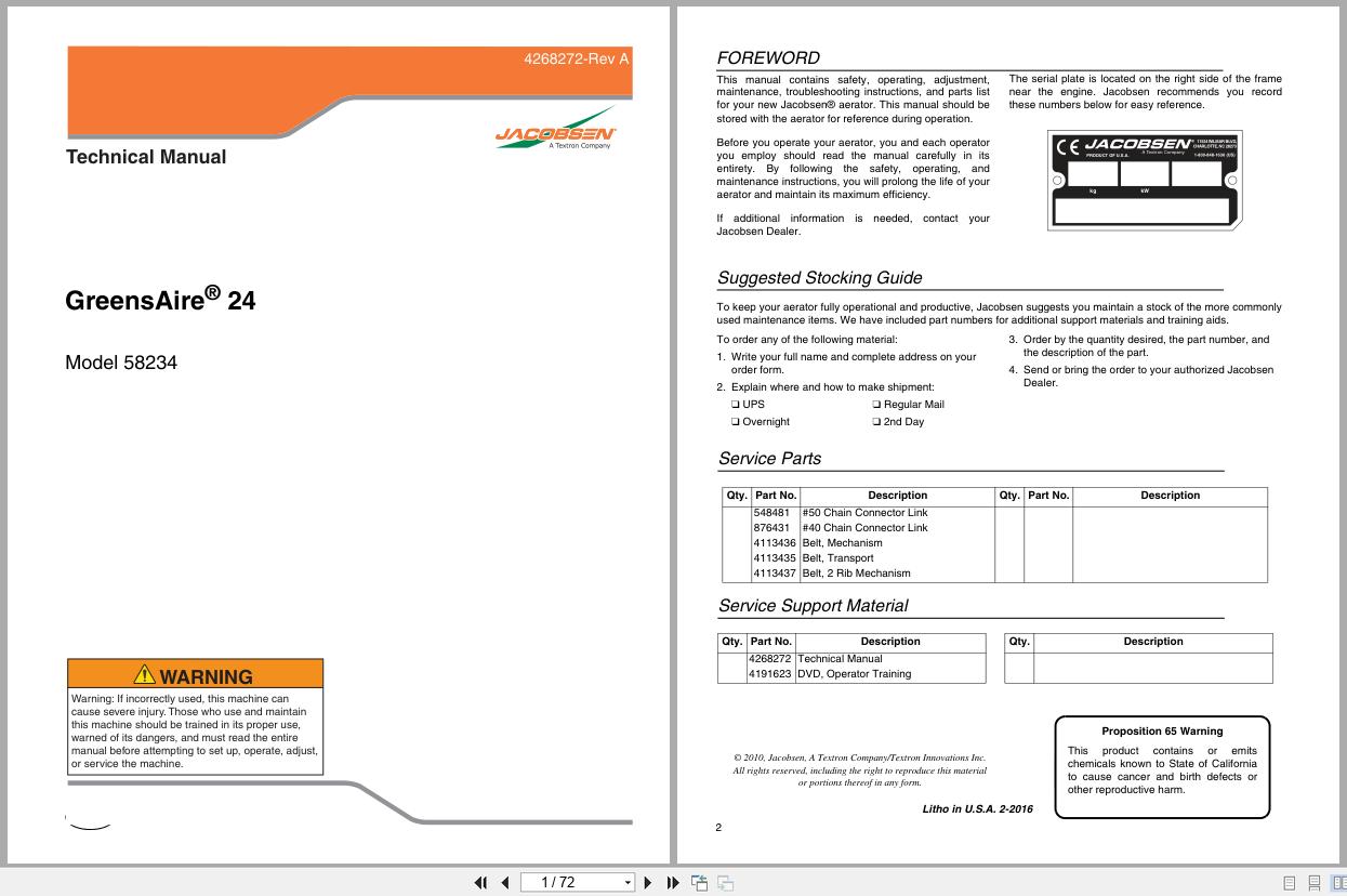 Jacobsen Greens Aerator GreensAire GA 24 58234 Technical Manual 4268272 A 2016 (1)