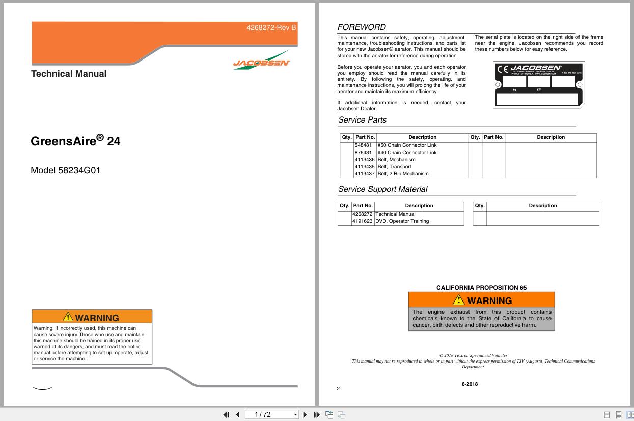 Jacobsen Greens Aerator GreensAire GA 24 58234G01 Technical Manual 4268272 B GA24 2018 (1)