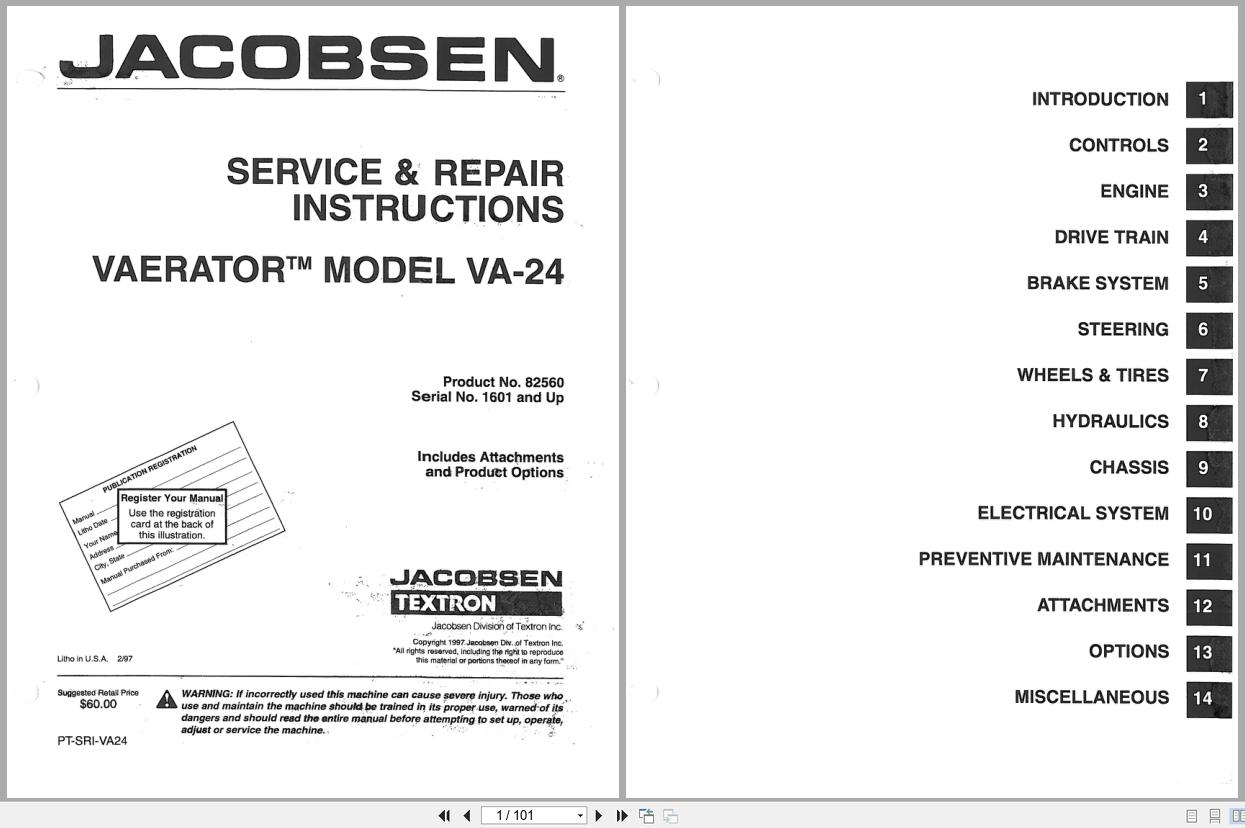 Jacobsen Greens Aerator Vaerator VA 24 Service Repair Manual 4171720 1997 (1)