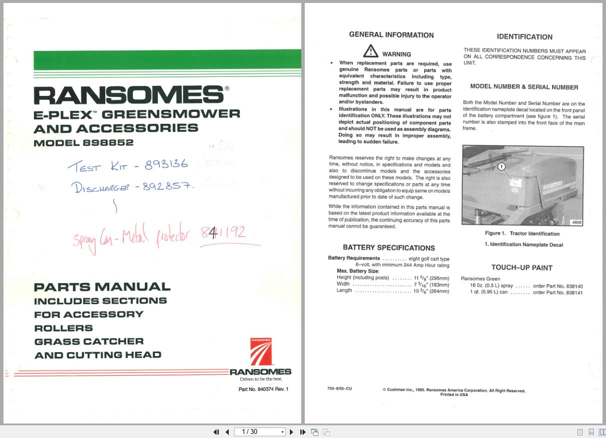 Jacobsen Greens Mower E Plex 898852 Parts Manual 840374 1995 (1)