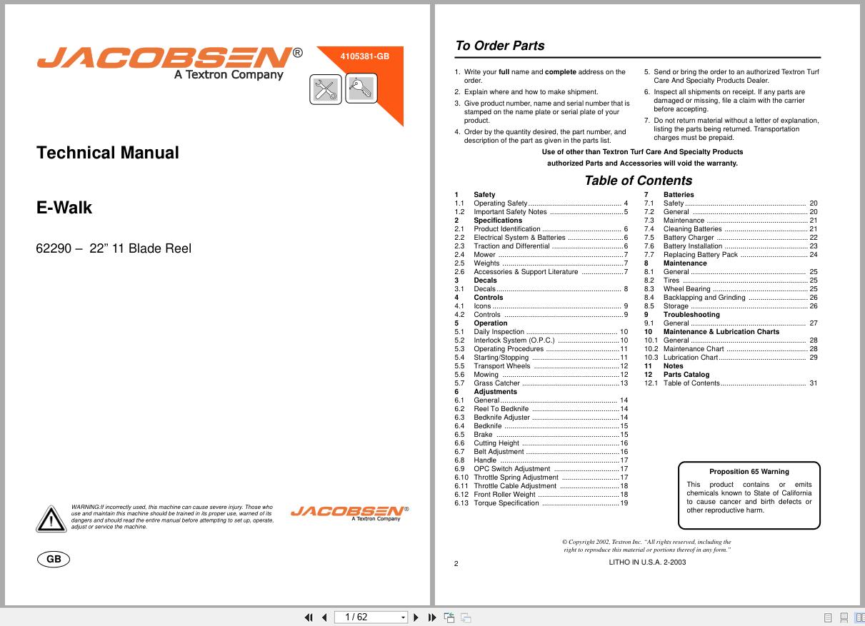 Jacobsen Greens Mower E Walk 62290 Technical Manual 4105381 GB 2003 (1)