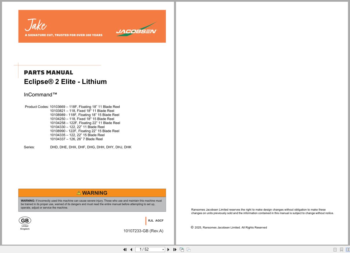 Jacobsen Greens Mower ECLIPSE 2 ELITE Parts Manual 10107233 A 2025 (1)