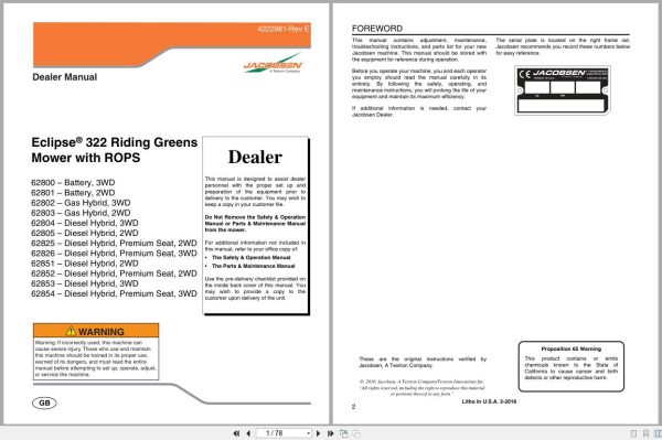 Jacobsen Greens Mower ECLIPSE 322 Dealer Manual 4222981 E 2016 (1) Jacobsen Greens Mower Eclipse 322 Dealer Manual 4222981 E 2016 (1)