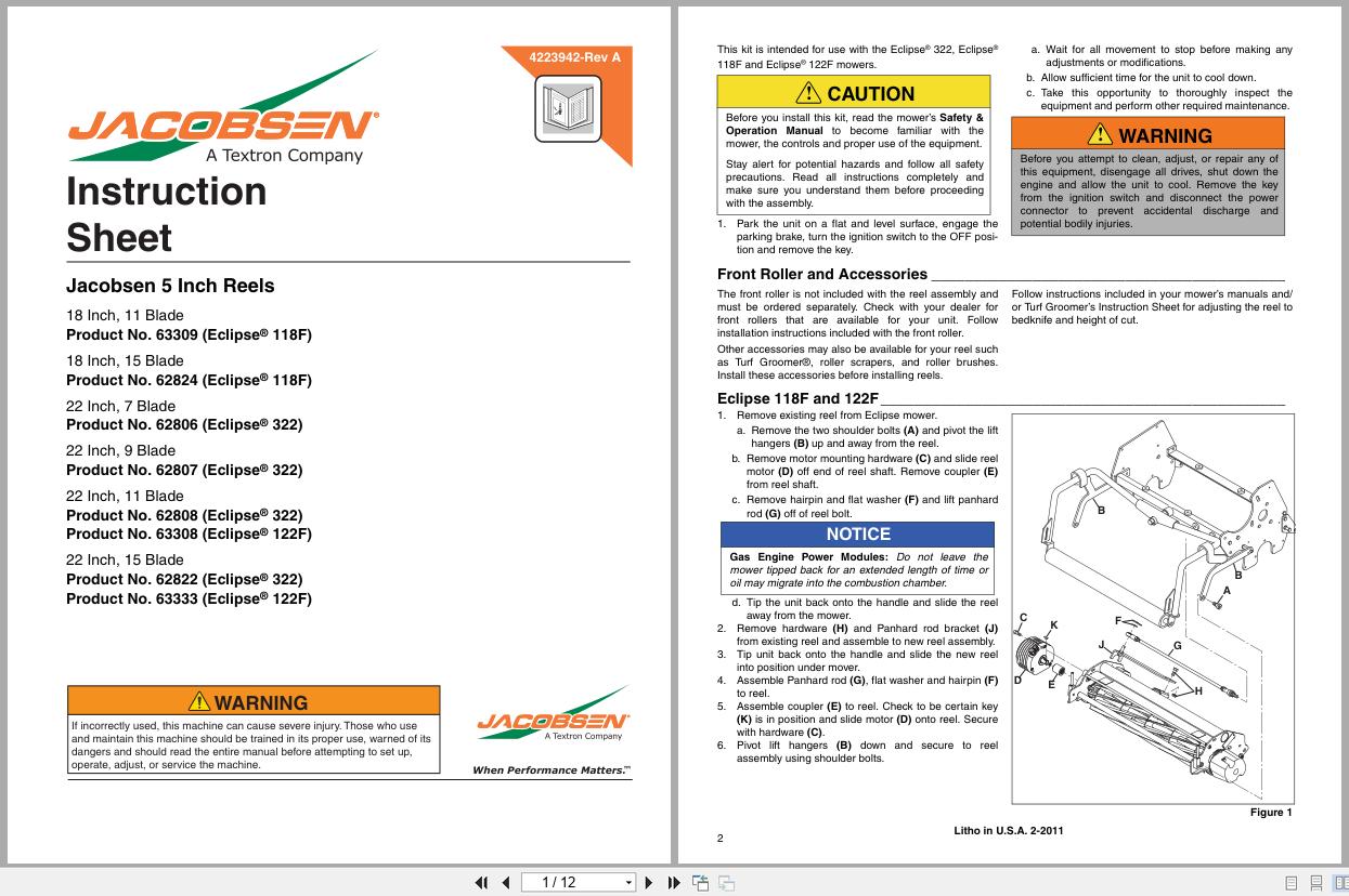 Jacobsen Greens Mower ECLIPSE2 5 Inch Reels Instruction Sheet 4223942 A (1)