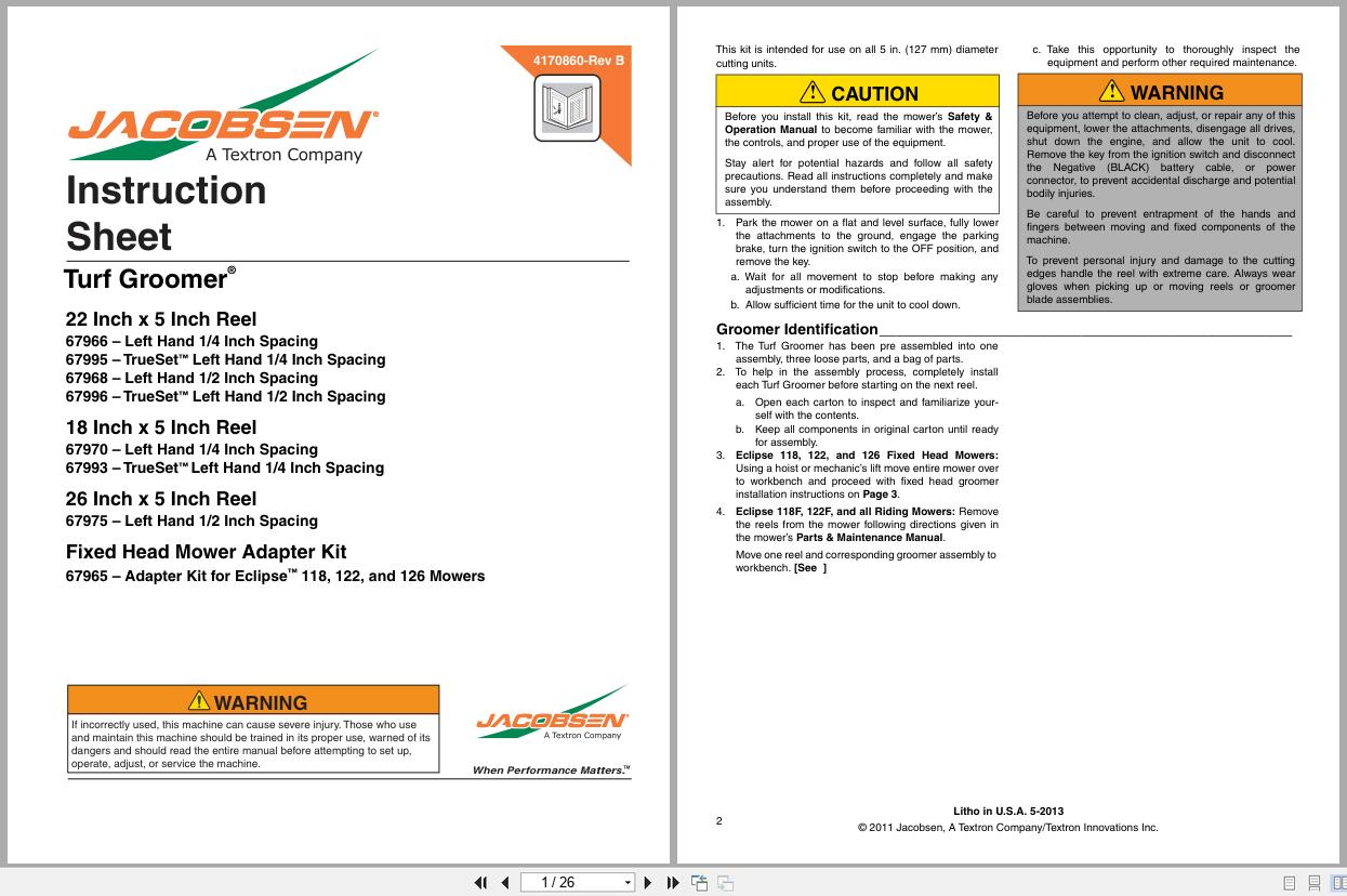 Jacobsen Greens Mower ECLIPSE2 Eclipse 100 Series 322 Turf Groomer Instruction Sheet 4170860 B (1)