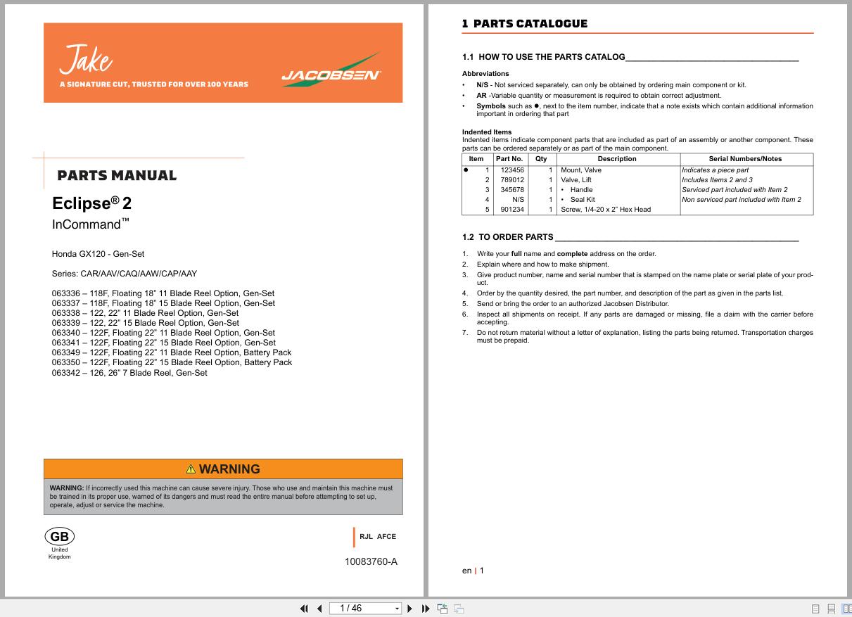 Jacobsen Greens Mower ECLIPSE2 Parts Manual 10083760 A (1)