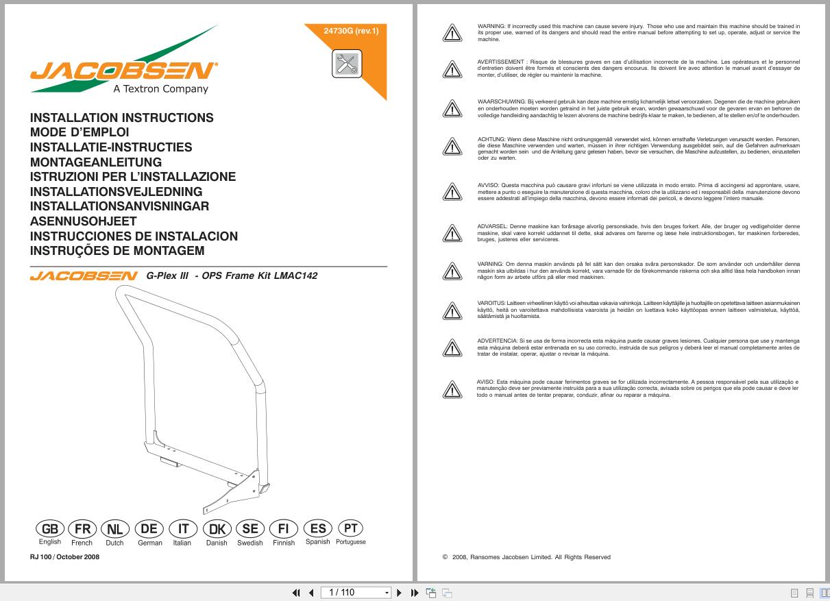 Jacobsen Greens Mower G Plex III OPS Frame Kit LMAC142 Installation Instructions 24730GR 1 2008 (1)