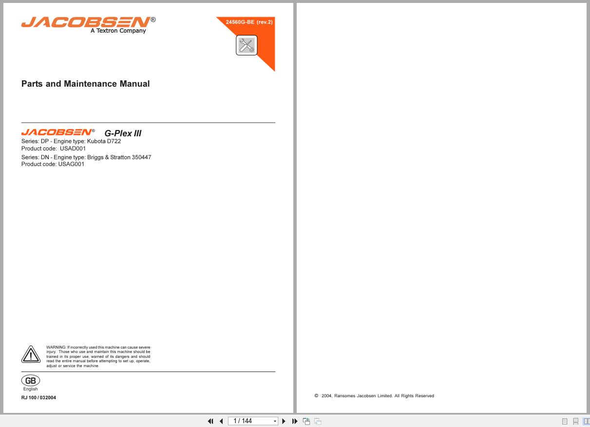Jacobsen Greens Mower G Plex III Parts Maintenance Manual 24560G GB R2 2004 (1)