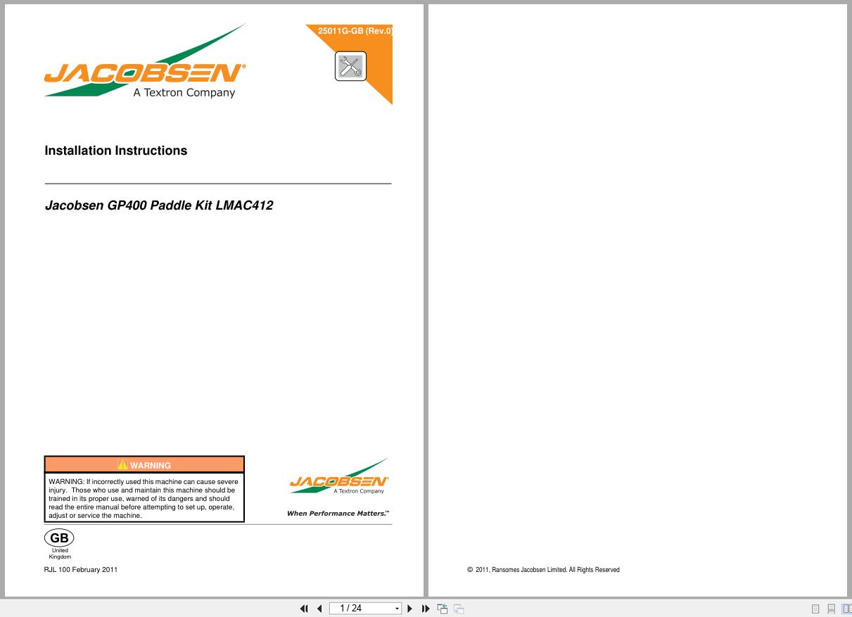 Jacobsen Greens Mower GP400 Paddle Kit LMAC412 Installation Instructions 25011G R0 2011 (1)