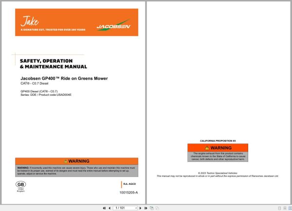 Jacobsen Greens Mower GP400 Safety Operation Maintenance Manual 10015205 A GB 2023 (1) Jacobsen Greens Mower Gp400 Safety Operation Maintenance Manual 10015205 A Gb 2023 (1)
