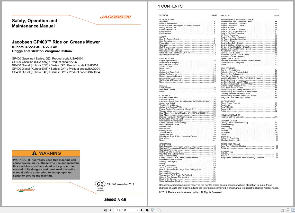Jacobsen Greens Mower GP400 Safety Operation Maintenance Manual 25000G A GB 2019 (1)