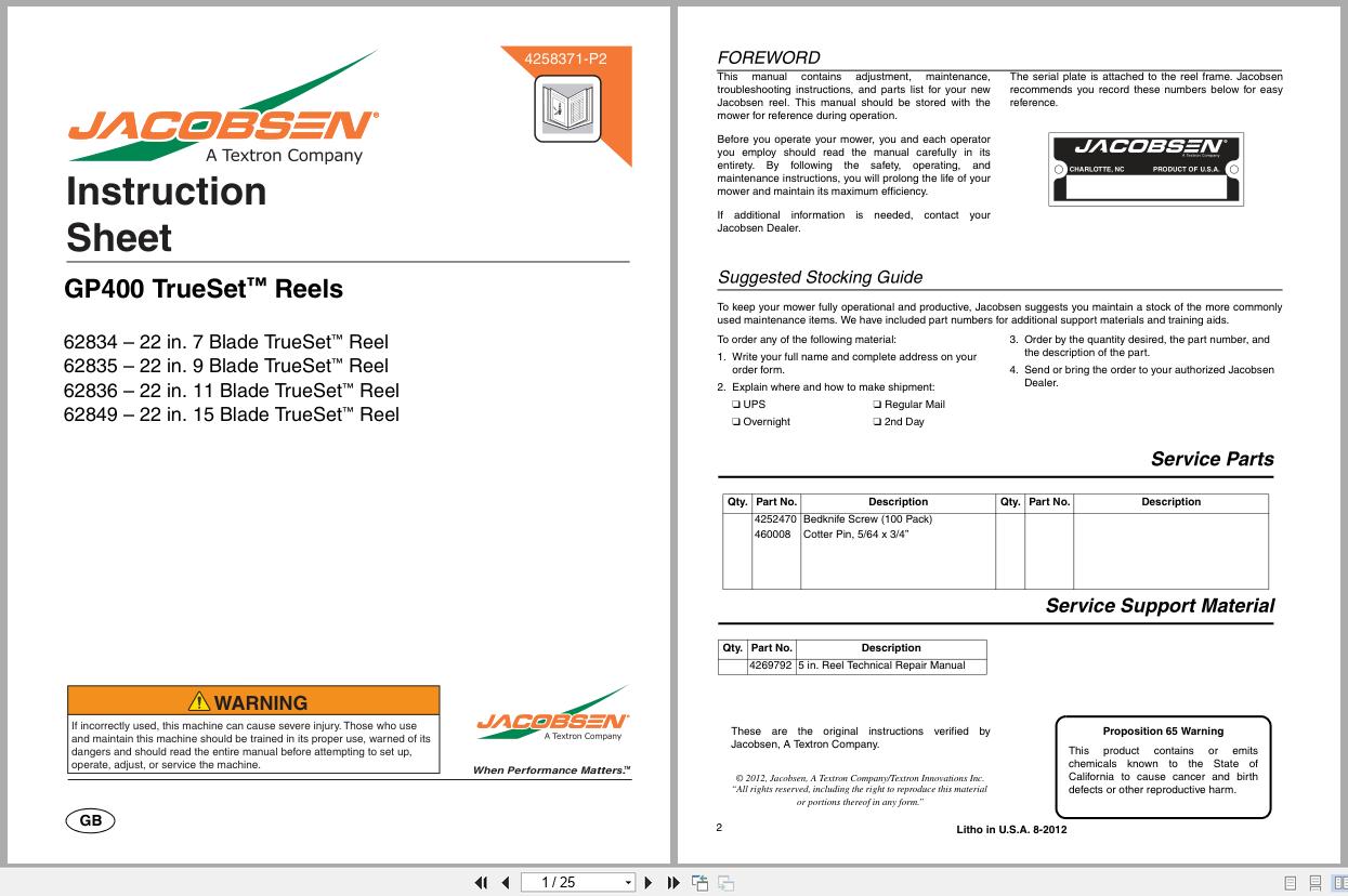 Jacobsen Greens Mower GP400 Trueset Reels Instruction Sheet 4258371 A 2012 (1)