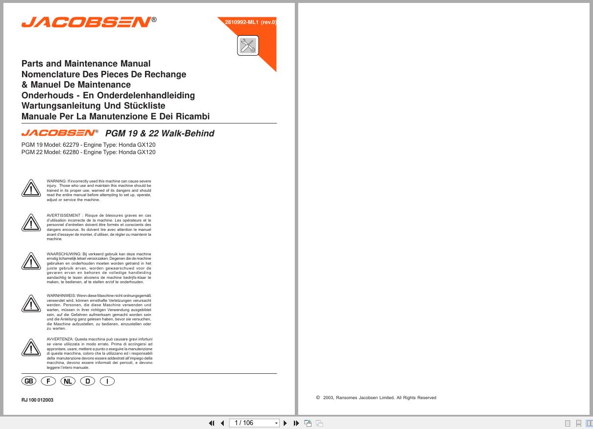 Jacobsen Greens Mower PGM19 PGM22 Parts Maintenance Manual 2810992 ML1 2003 ML (1)