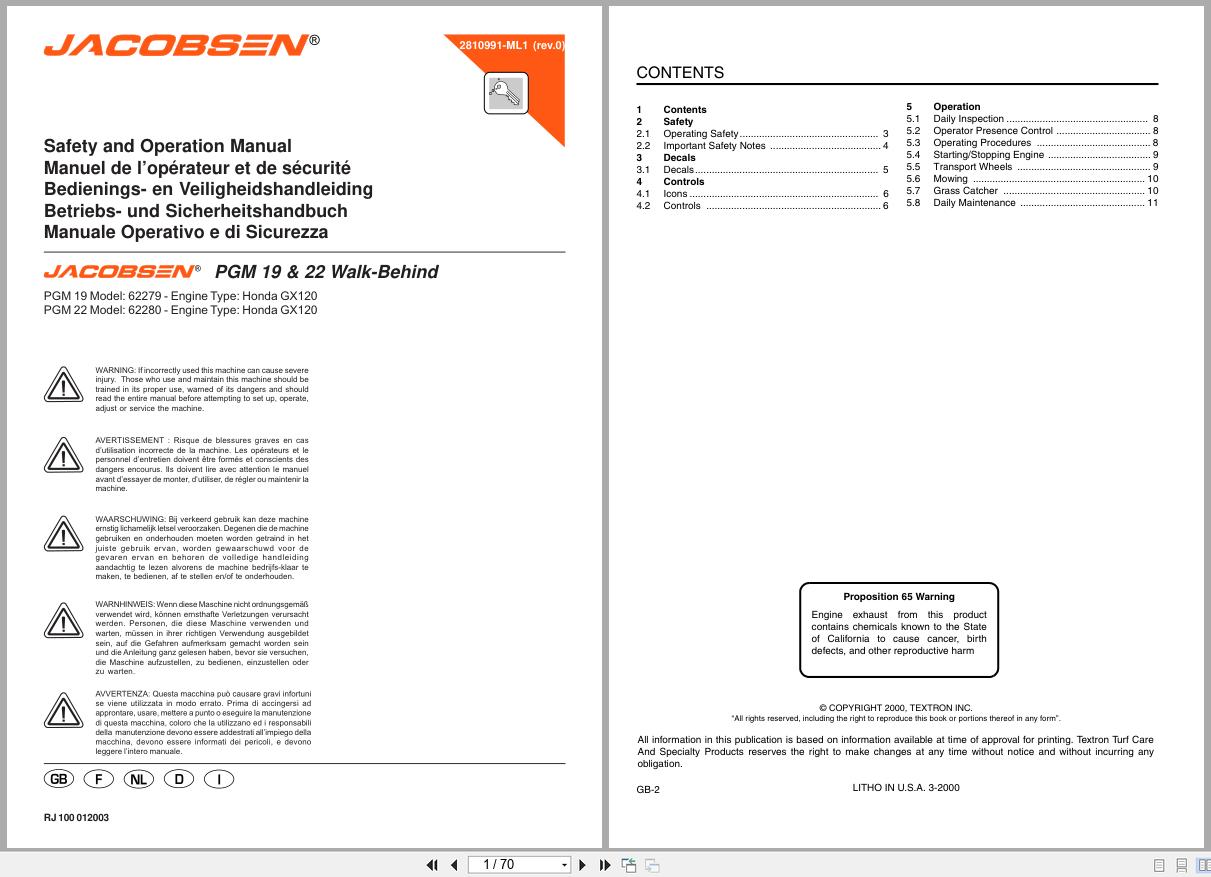 Jacobsen Greens Mower PGM19 PGM22 Walk Behind Safety Operation Manual 2810991 ML1 2000 ML (1)