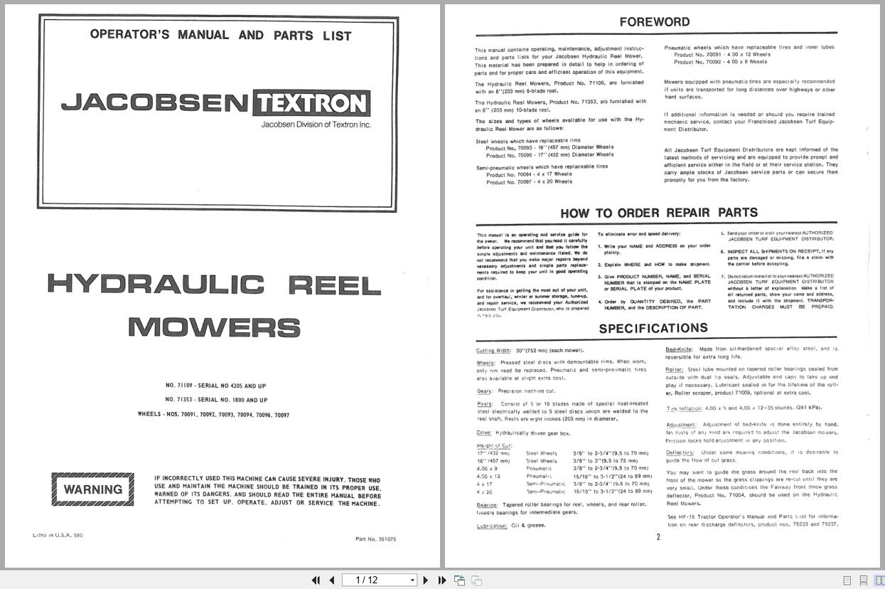 Jacobsen Hydraulic Reel Mower HF 15 Operators Parts And Service Manual 361075 (1)
