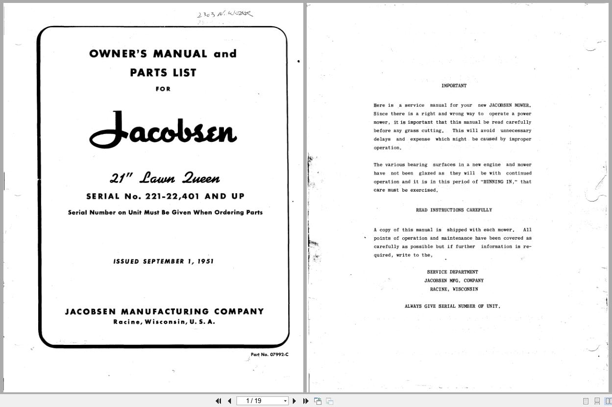 Jacobsen Lawn Queen 21 Operators Manual And Parts List 07992 C 1951 (1)