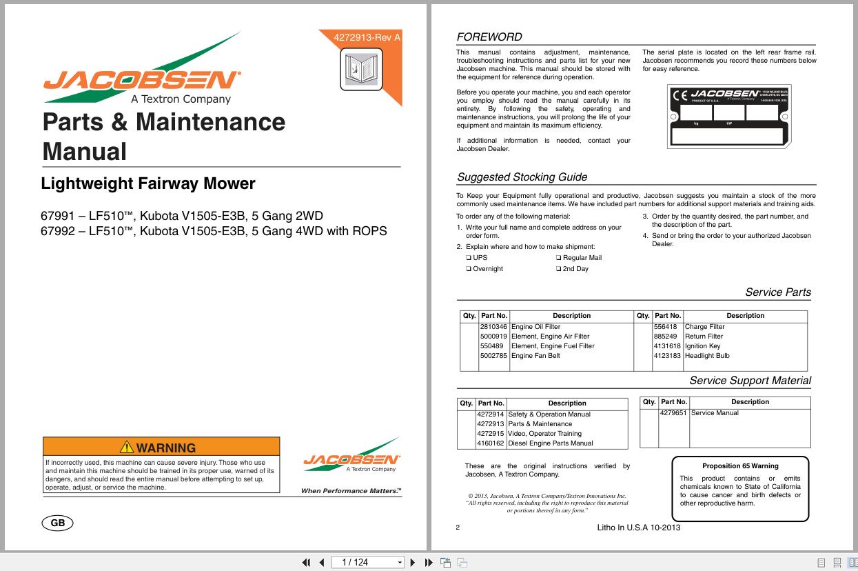 Jacobsen Lightweight Fairway Mower LF510 Parts Maintenance Manual 4272913 A 2013 (1)
