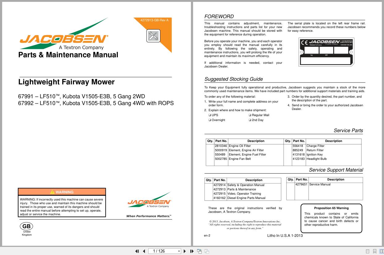 Jacobsen Lightweight Fairway Mower LF510 Parts Manual 4272913 GB RA 2013 (1)