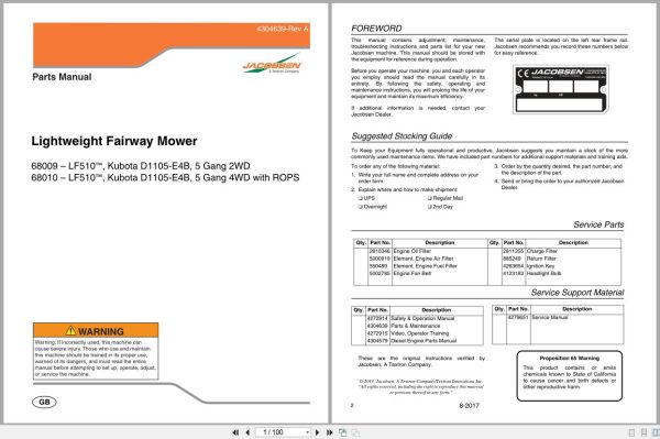 Jacobsen Lightweight Fairway Mower LF510 Parts Manual 4304639 A 2017 (1) Jacobsen Lightweight Fairway Mower Lf510 Parts Manual 4304639 A 2017 (1)