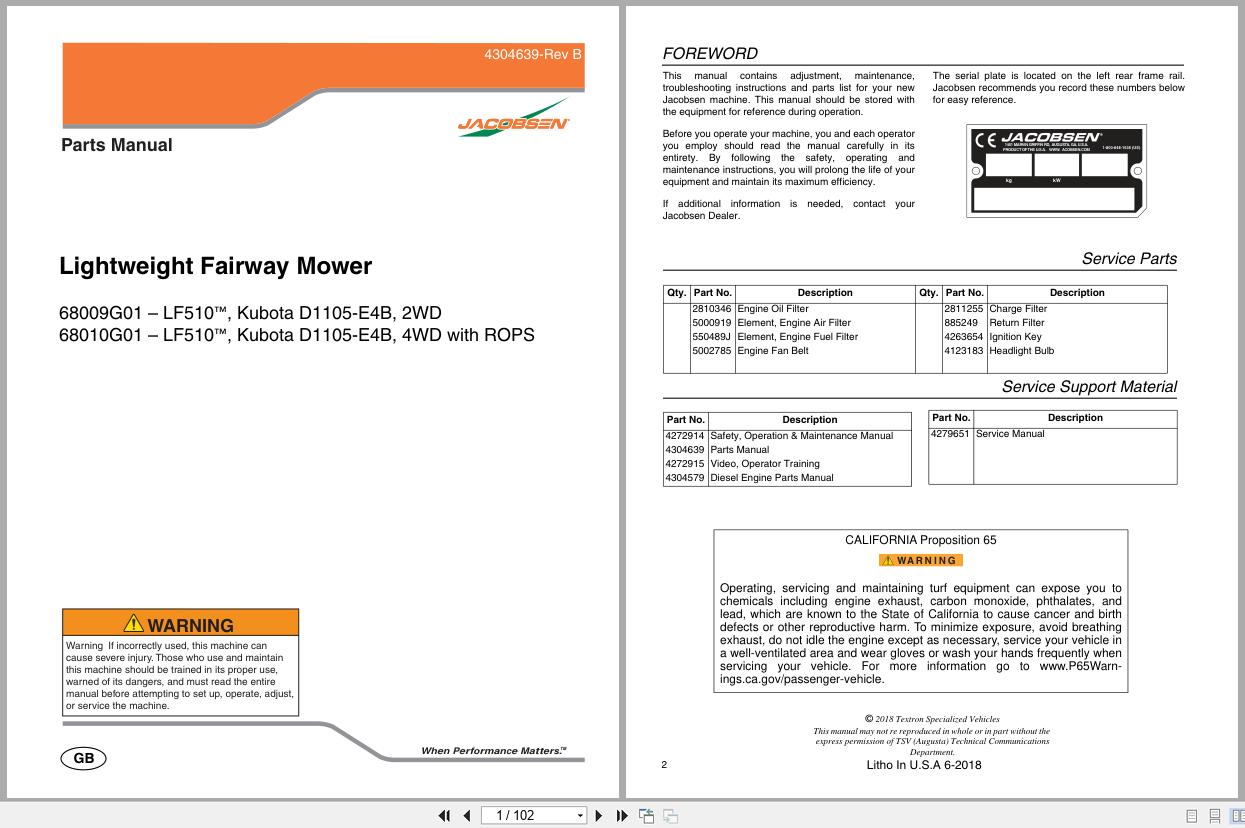 Jacobsen Lightweight Fairway Mower LF510 Parts Manual 4304639 B 2018 (1)