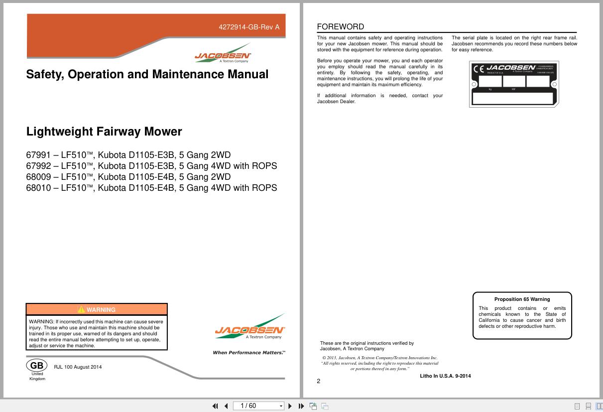 Jacobsen Lightweight Fairway Mower LF510 Safety Operation Maintenance Manual 4272914 GB RC 2014 (1)