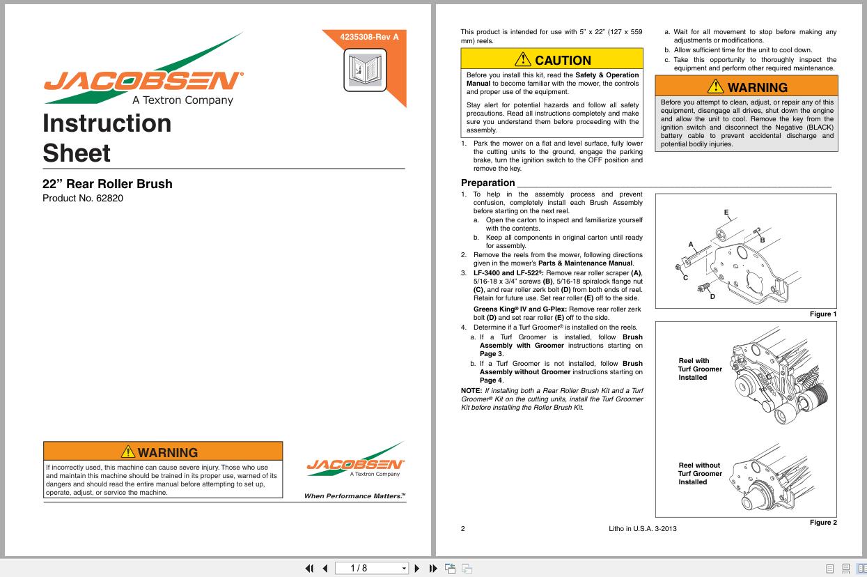 Jacobsen Mower 22 Rear Roller Brush 62820 Instruction Sheet 4235308 A 2013 (1)