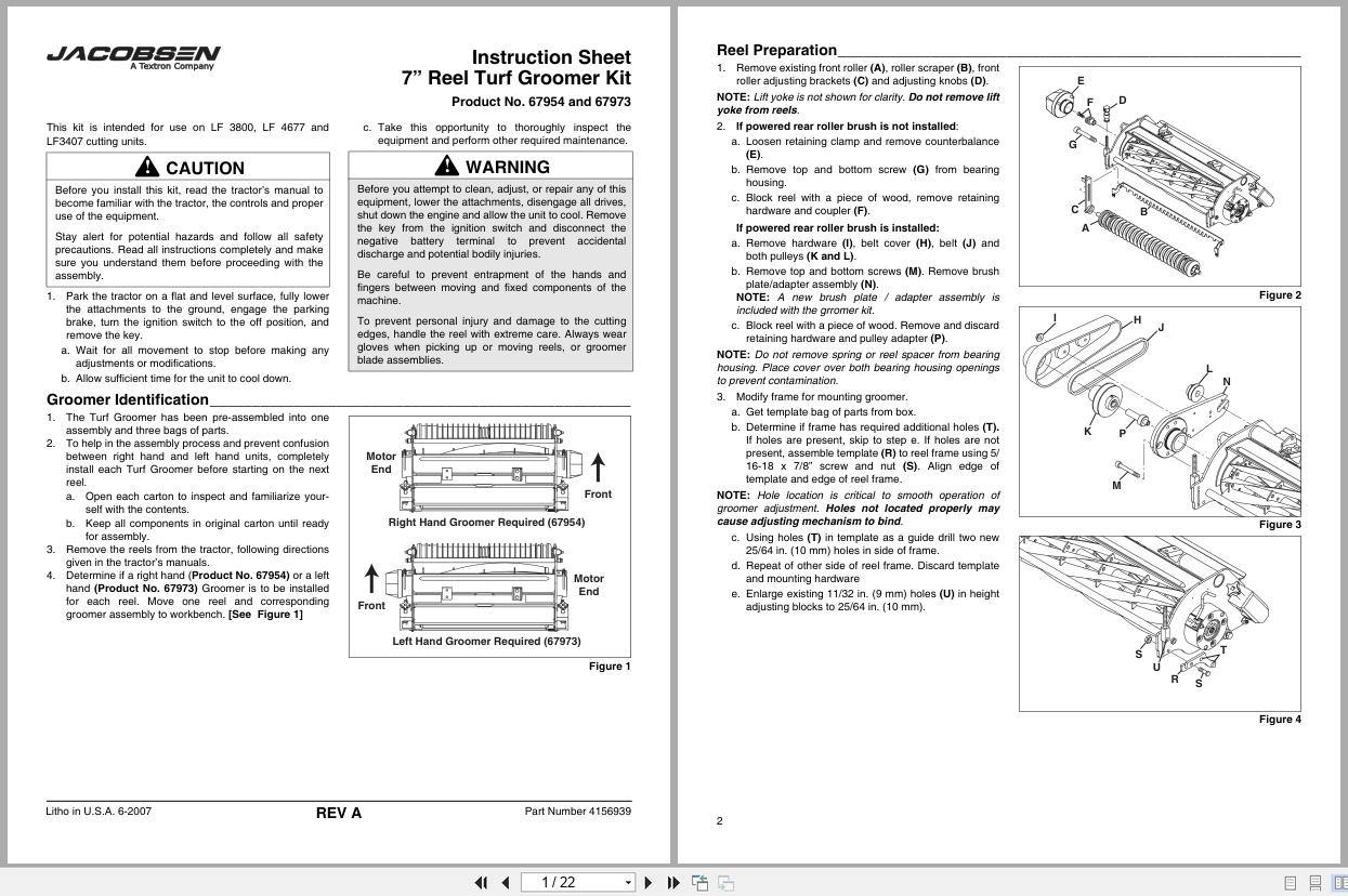 Jacobsen Mower 67954 67973 Groomer Kit Instruction Sheet 4156939 2007 (1)