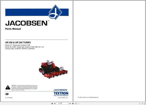 Jacobsen Mower Ar250 Ar250 Turbo Parts Maintenance Manual 24353G 2000 (1)