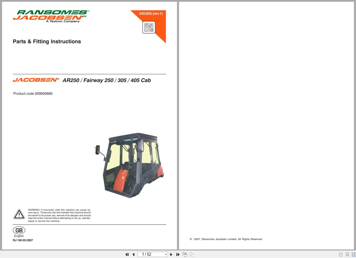 Jacobsen Mower AR250 Fairway 250 305 405 Cab Parts Fitting Instructions 24532G R1 2007 (1)