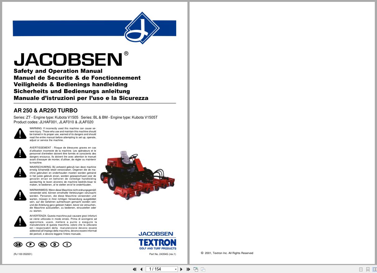 Jacobsen Mower AR250 Safety Operation Manual 24354GR1 2001 EN FR DE IT NL (1)