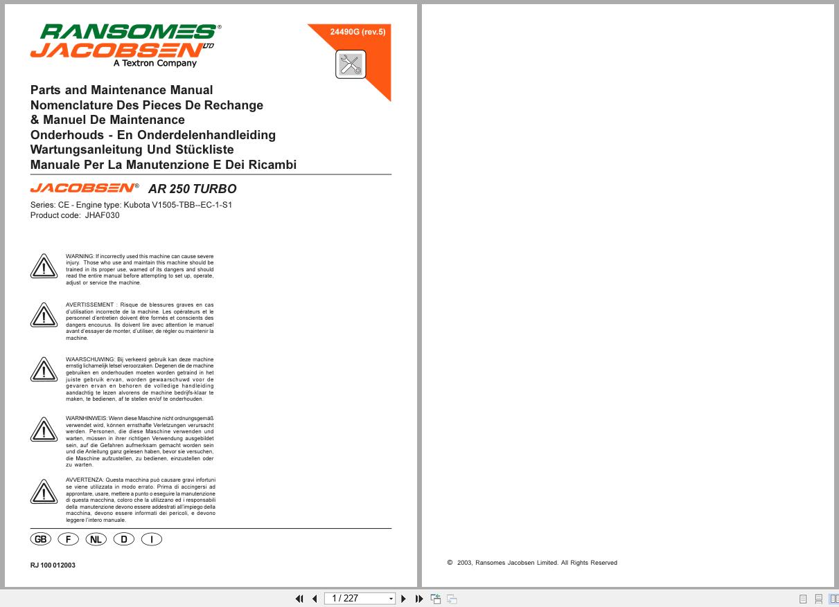 Jacobsen Mower AR250 TURBO Parts Maintenance Manual 24490GR5 2003 EN FR DE IT NL (1)