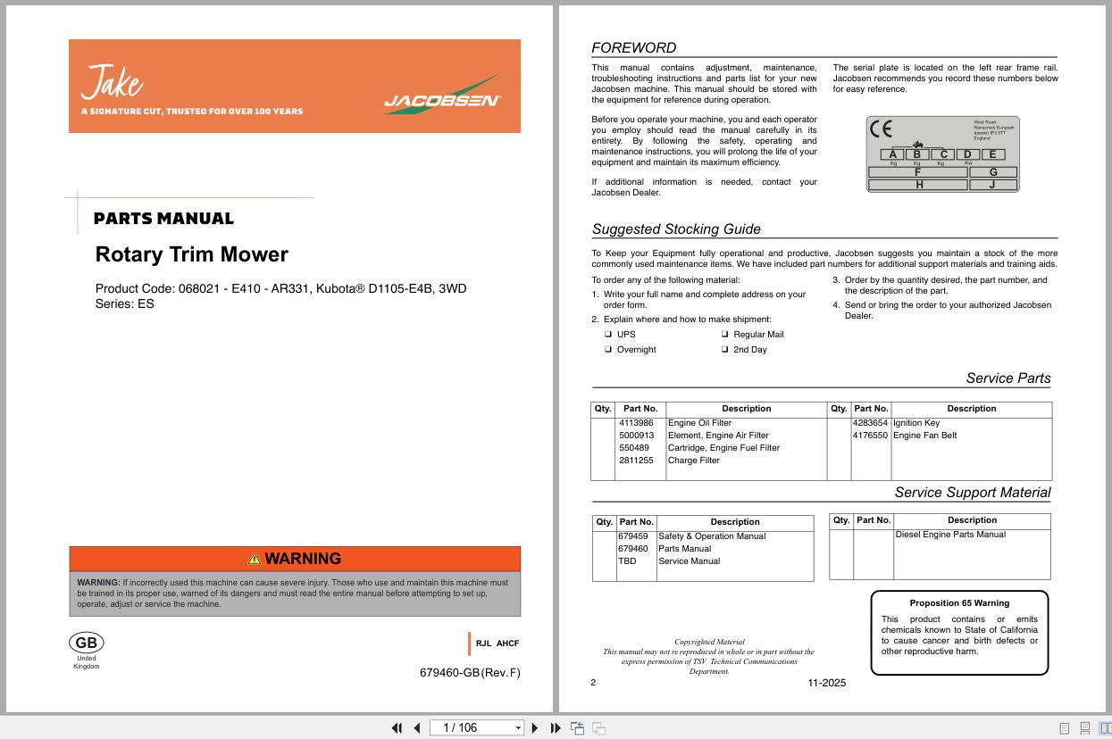 Jacobsen Mower AR331 Parts Manual 679460 F 2025 (1)