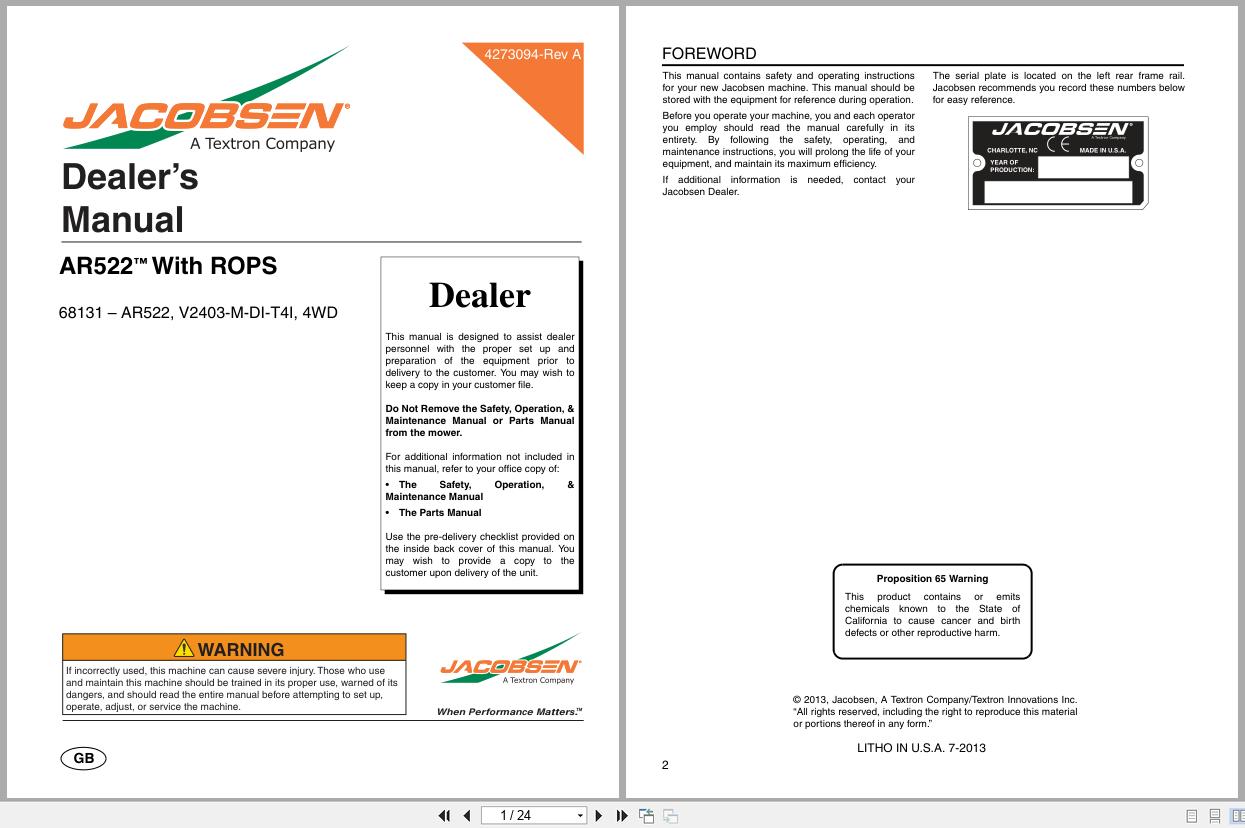 Jacobsen Mower AR522 Dealer Manual 4273094 A 2013 (1)