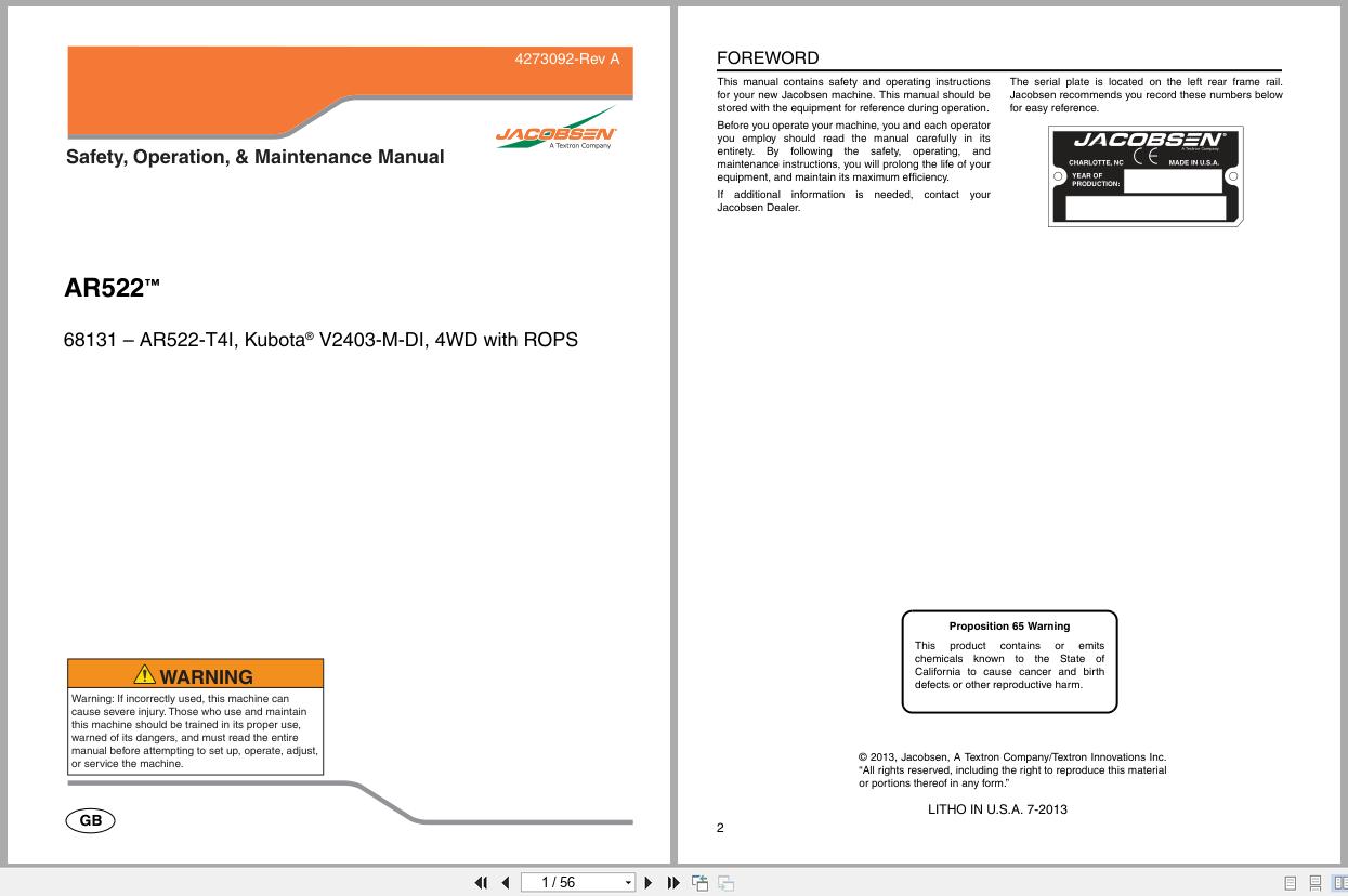Jacobsen Mower AR522 Safety Operation Maintenance Manual 4273092 A 2013 (1)