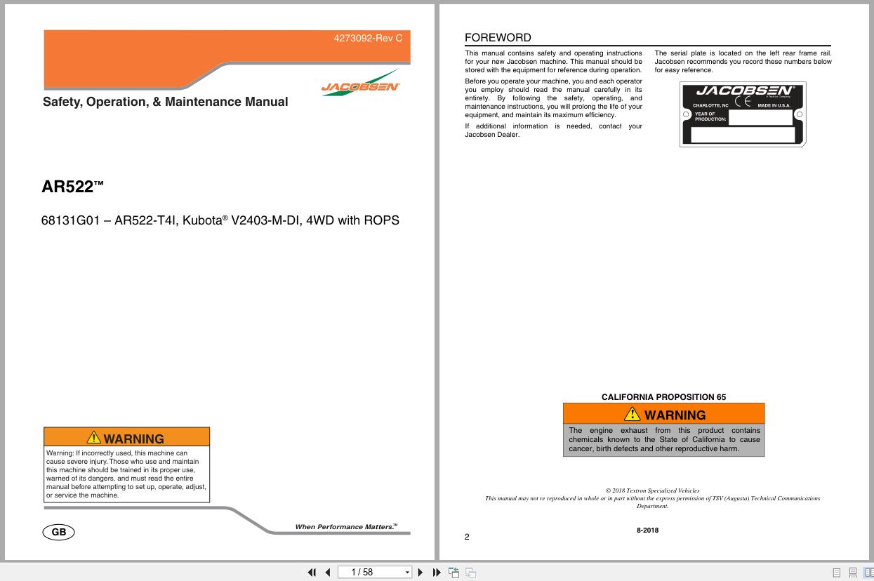 Jacobsen Mower AR522 Safety Operation Maintenance Manual 4273092 C 2018 (1)