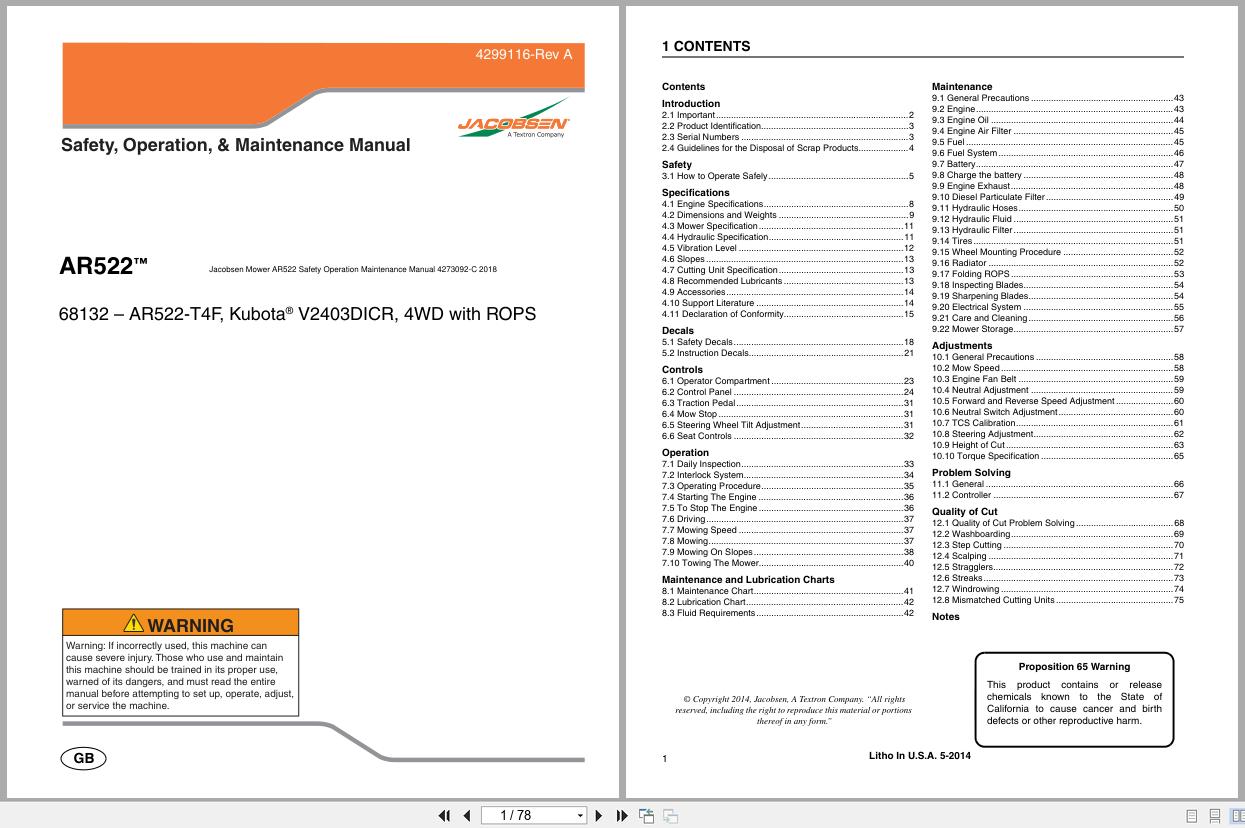 Jacobsen Mower AR522 Safety Operation Maintenance Manual 4299116 A 2014 (1)