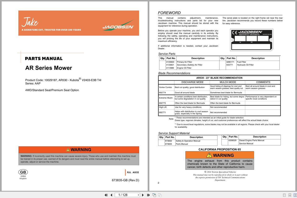 Jacobsen Mower AR530 Parts Manual 673835 D 2024 (1)