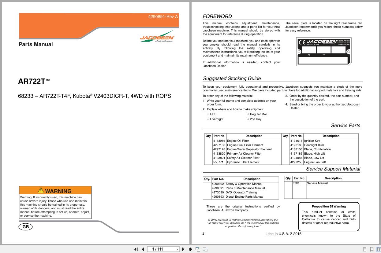 Jacobsen Mower AR722T Parts Manual 4290891 A 2015 (1)