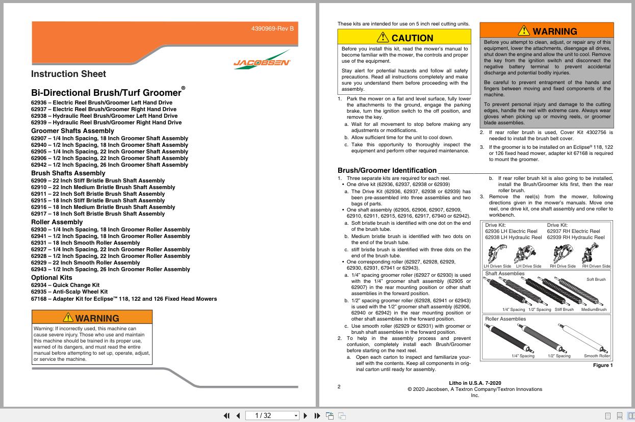 Jacobsen Mower Bi Directional Brush Turf Groomer Instruction Sheet 4390969 B 2020 (1)