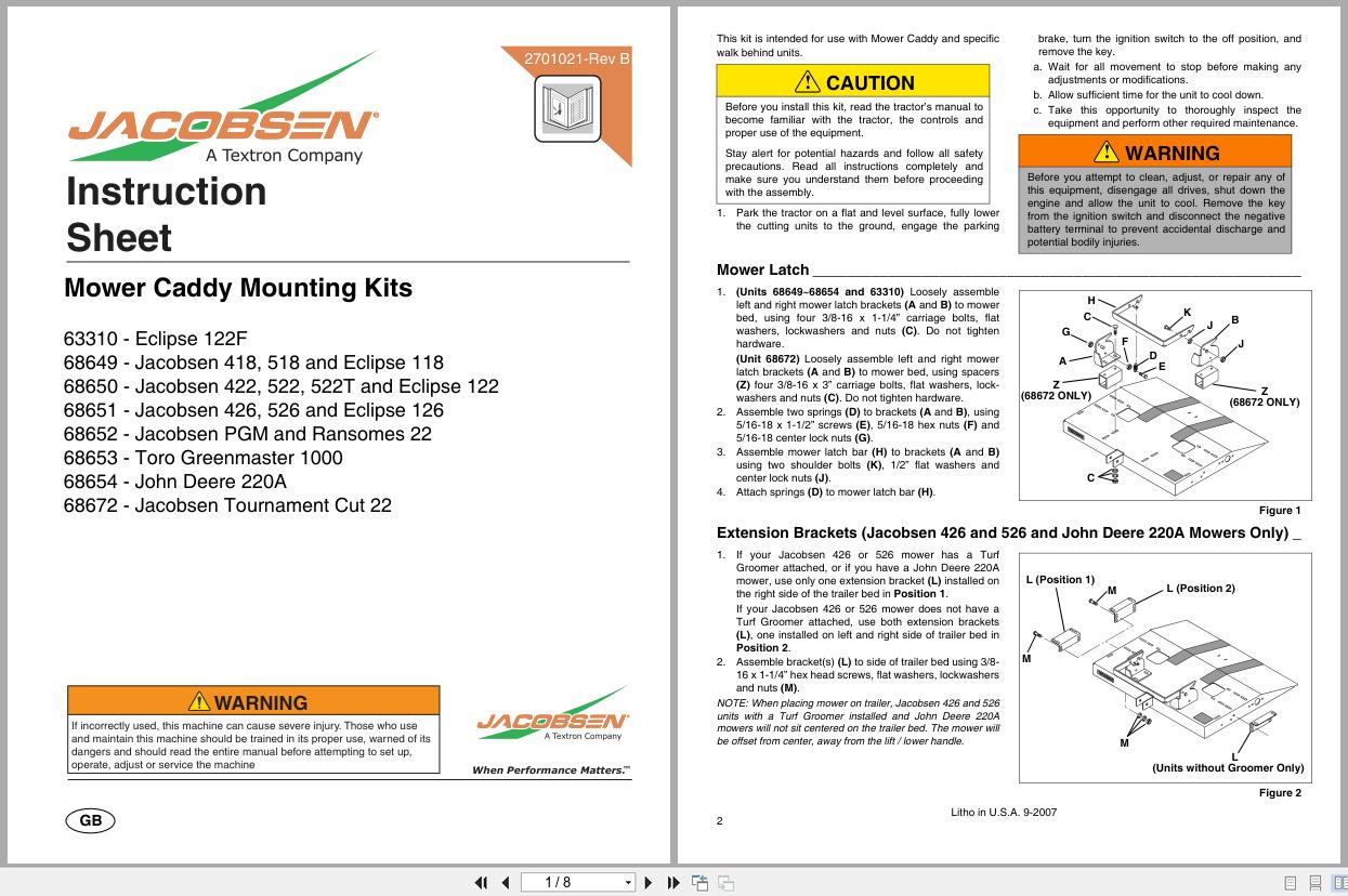 Jacobsen Mower Caddy Mounting Kit Instruction Sheet 2701021 B 2007 (1)