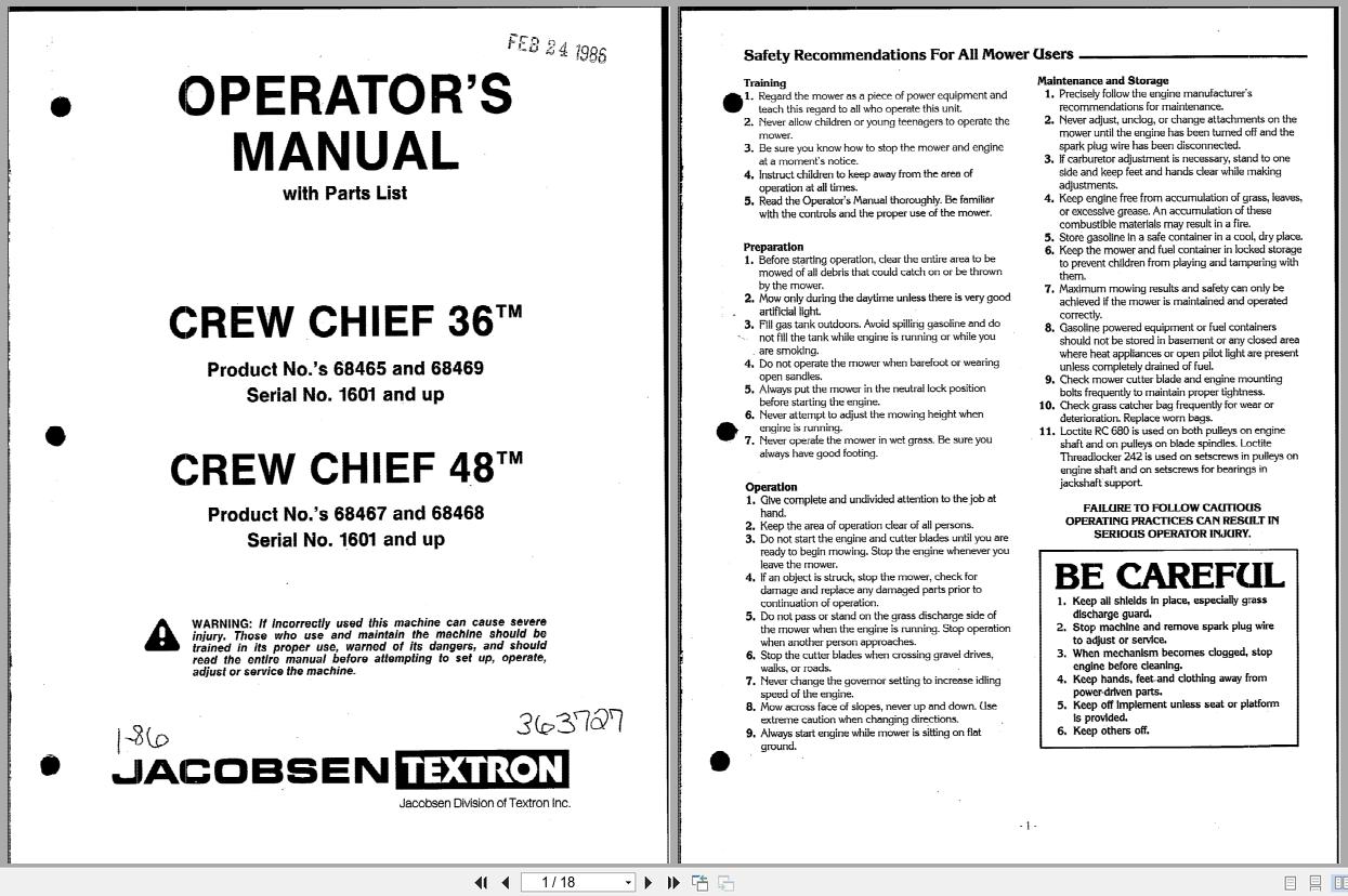 Jacobsen Mower Crew Chief Operators Parts Manual 363727 (1)