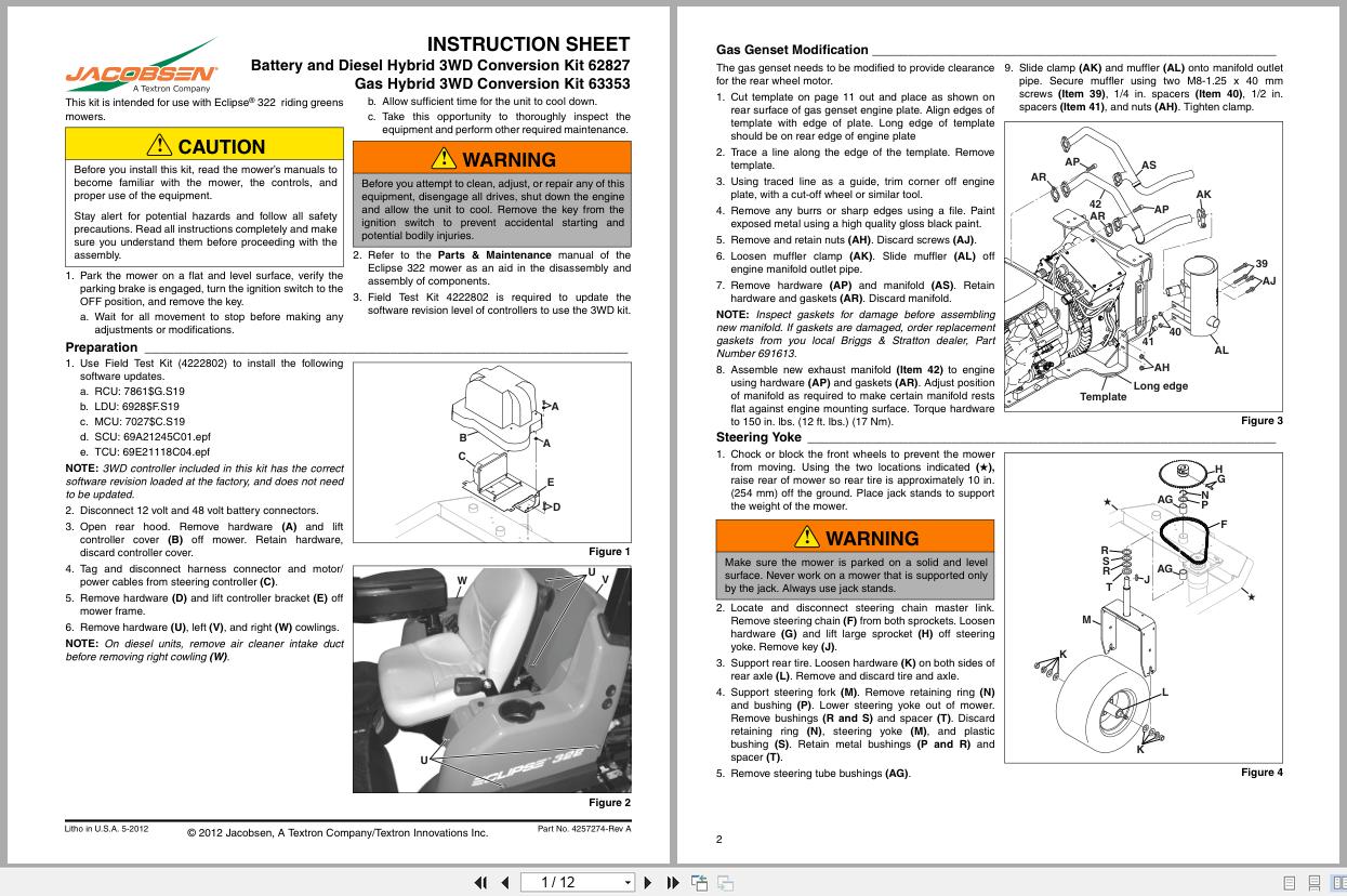 Jacobsen Mower ECLIPSE 322 Conversion Kit 62827 63353 Instruction Sheet 4257274 A (1)
