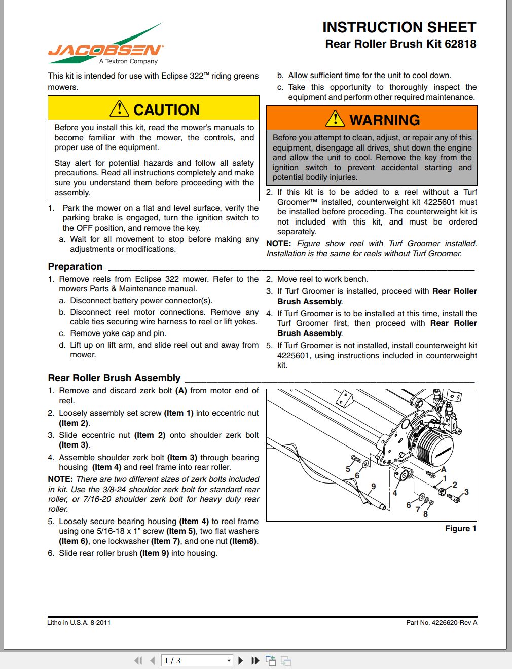 Jacobsen Mower ECLIPSE 322 Rear Roller Brush Kit Instruction Sheet 4226620 A 2011 (1)