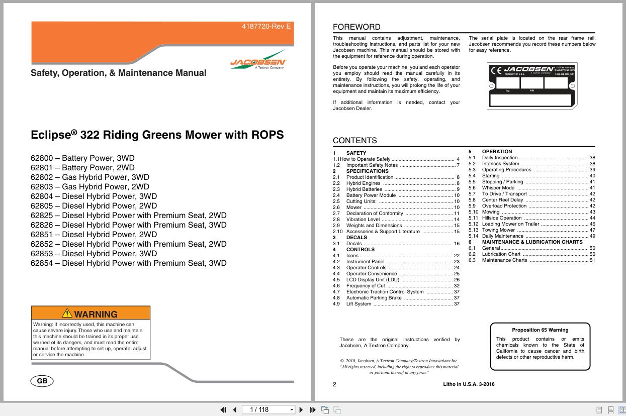 Jacobsen Mower ECLIPSE 322 Safety Operation Maintenance Manual 4187720 E (1)