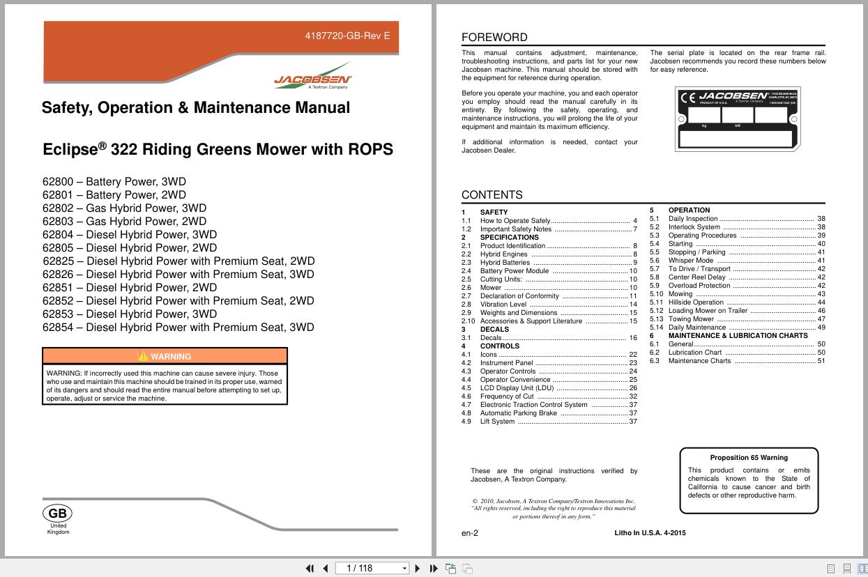 Jacobsen Mower ECLIPSE 322 Safety Operation Manual 4187720 GB 2015 (1)