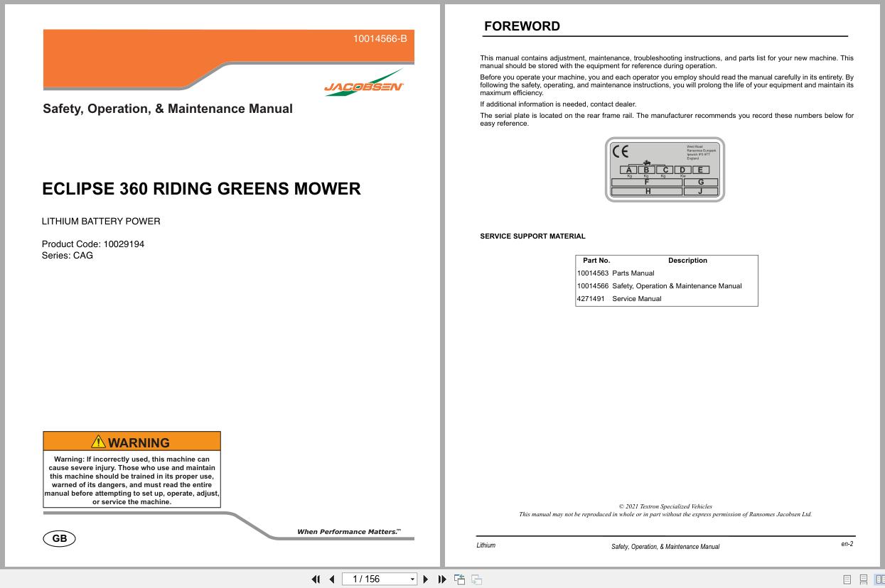 Jacobsen Mower Eclipse 360 Safety Operation Maintenance Manual 10014566 B 2021 (1)