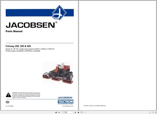 Jacobsen Mower Fairway 250 305 405 Parts Maintenance Manual 24340GR0 2000 (1) Jacobsen Mower Fairway 250 305 405 Parts Maintenance Manual 24340Gr0 2000 (1)
